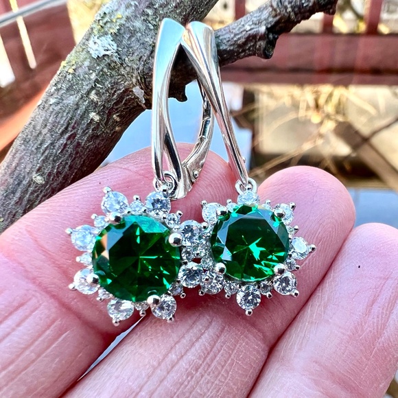Halo Emerald Earrings Sterling Silver 925 , May Birthstone - Picture 3 of 11